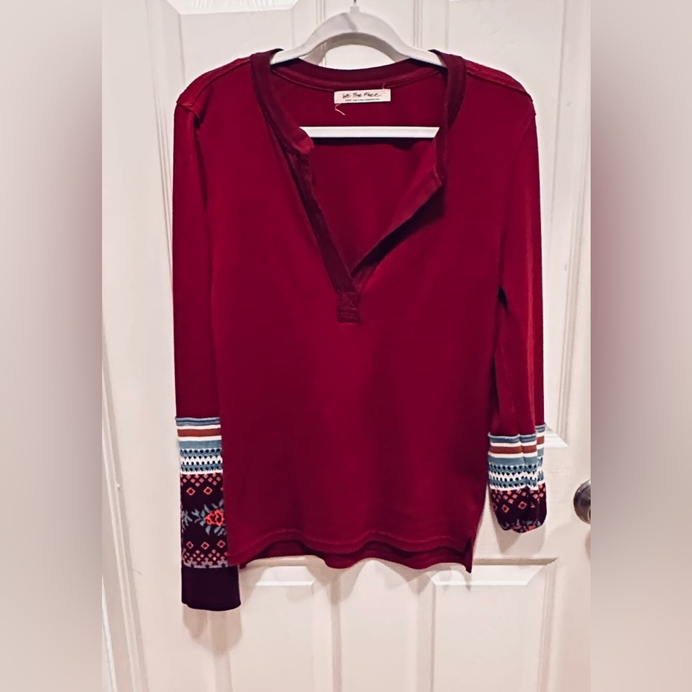 We The Free Red Long Sleeve Henley with Patterned Cuffs
